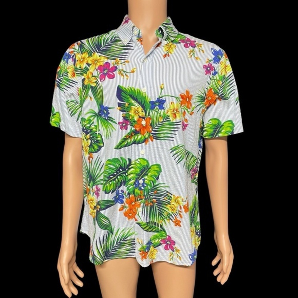 Ralph Lauren Seersucker Blue Striped L Hawaiian SS Button Down Shirt in EUC